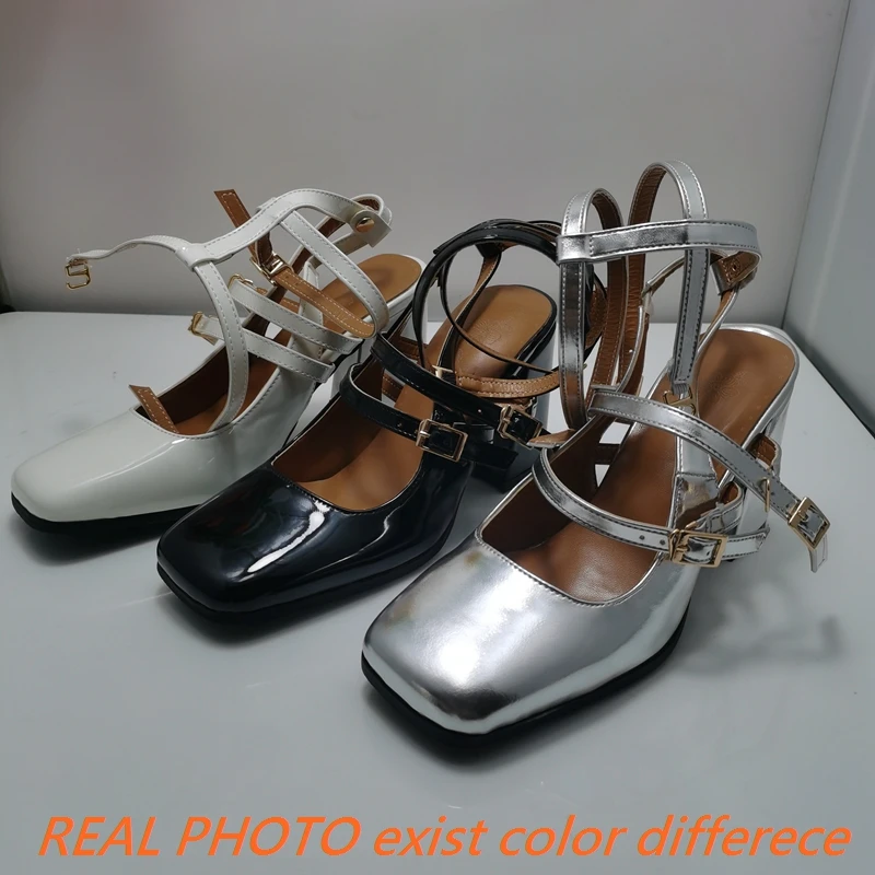 REAVE CAT 2024 Women Sandals 32 33 Patent Leather High Heels Shoes Strap Toe Multi-buckle Janes Shoes 45 46