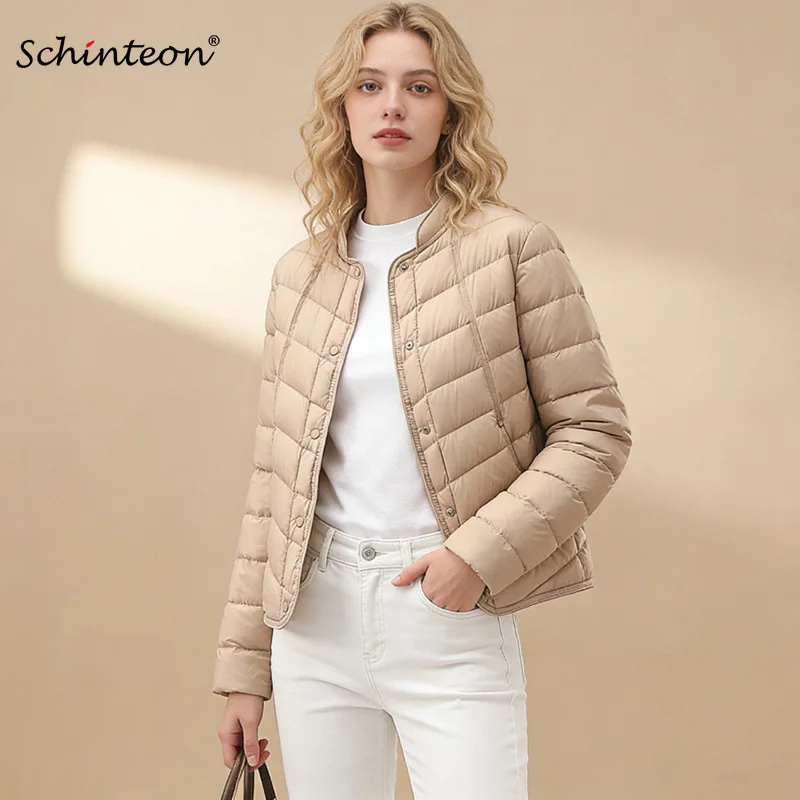 

Женская ультралегкая куртка Schinteon с наполнителем из белого утиного пуха, воротник-стойка, укороченная, приталенная, осенне-зимняя верхняя одежда, новинка 2026 года