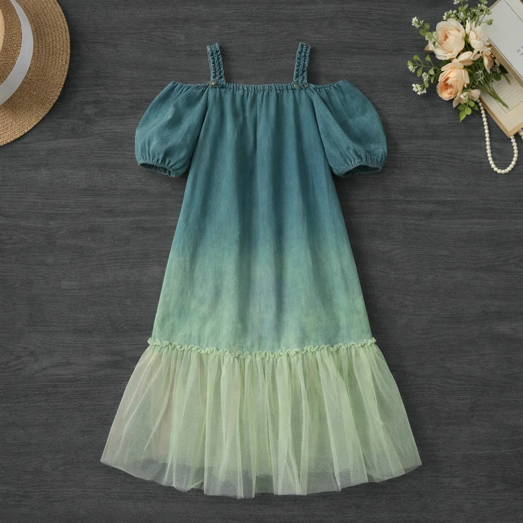 

Платья для девочек, летняя одежда, джинсовое платье с градиентным эффектом, без плеч, с сетчатыми вставками и рюшами по низу, повседневное платье, милый наряд для отпуска, для девочек 6, 8, 10, 13 лет