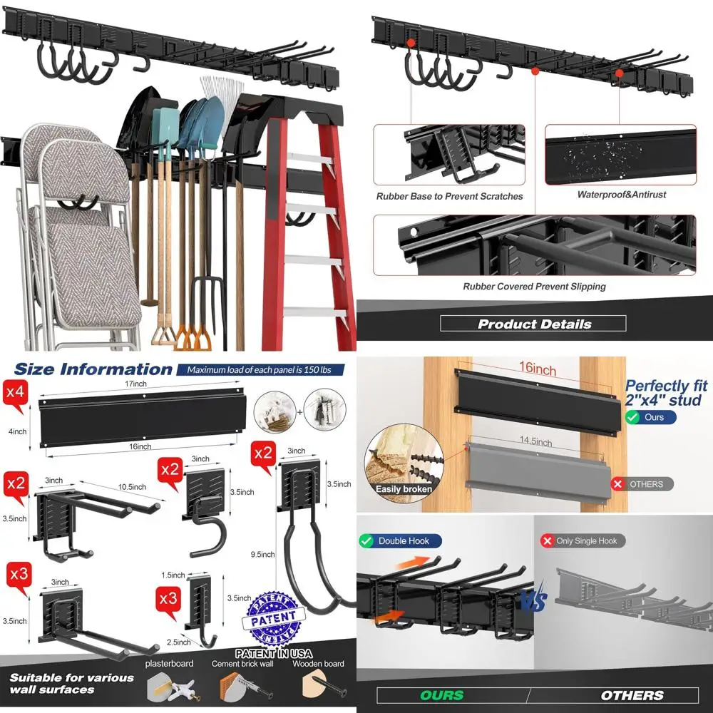 

Durable Wall-Mounted Garage Organizer with 12 Double Hooks and 4 Rails for Tool Storage