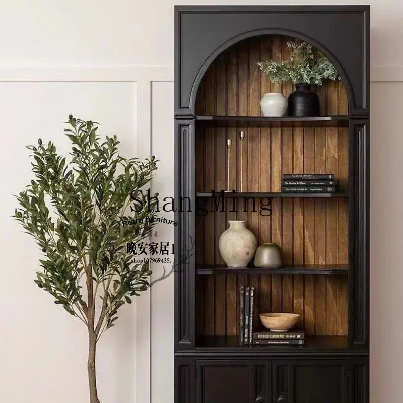 

FG Country Classical Solid Wood Arched Bookcase Vintage Black Oak Display Entrance Cabinet