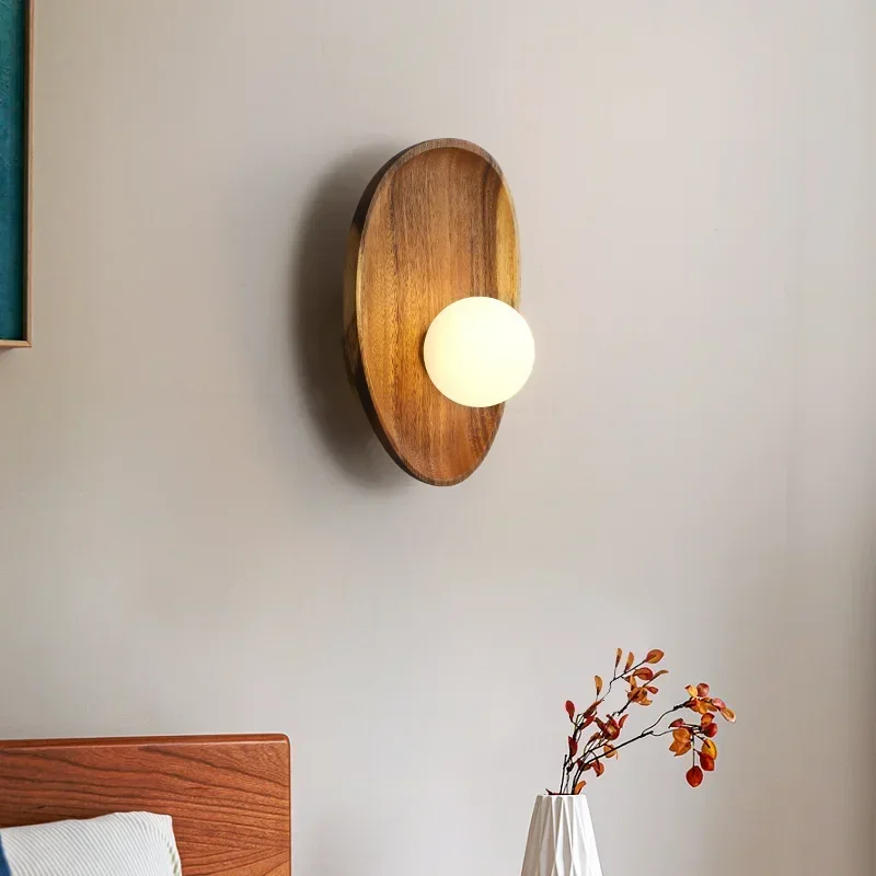 

Natural Wooden Wall Mounted Lamp Glass Lampshade For Living Room Wood Vintage Decoration Bedside Sconce Foyer LED Light Fixture