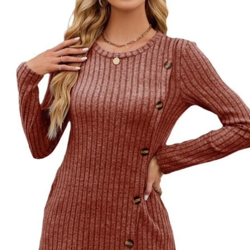 Casual Women's Long Sleeved Top Autumn Women's Round Neck Pit Stripe Brushed Split Autumn Solid Color Loose Button T-shirt