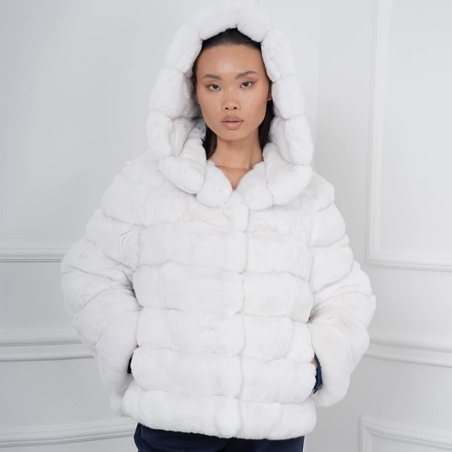 Real Fur Coat White Chinchilla Rex Rabbit Fur Jackets With Hood Short Natural Rabbit Fur Coat Women's Winter Jackets