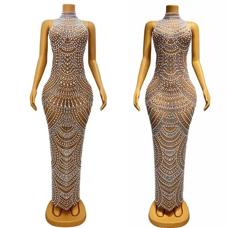 Błyszcząca Sukienka Damska z Elastycznej Siateczki, Ozdobiona Cyrkoniami i Perłami, Długa Sukienka Wieczorowa na Imprezę, Kostiumy Sceniczne, Ubrania Festiwalowe XH