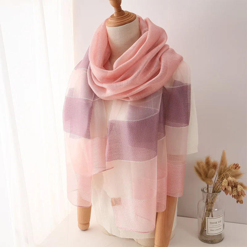 春秋韓国風ファッション金縁シルクウールスカーフ女性用ピンクパープルマルベリーシルクスカーフ高級ロングショール