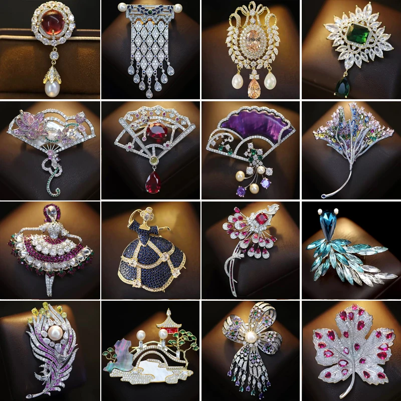 OKILY Palacio elegancia circón bailando chica broche Pins temperamento esmalte Bowknot abanico gingko ramillete de plumas para mujer adorno