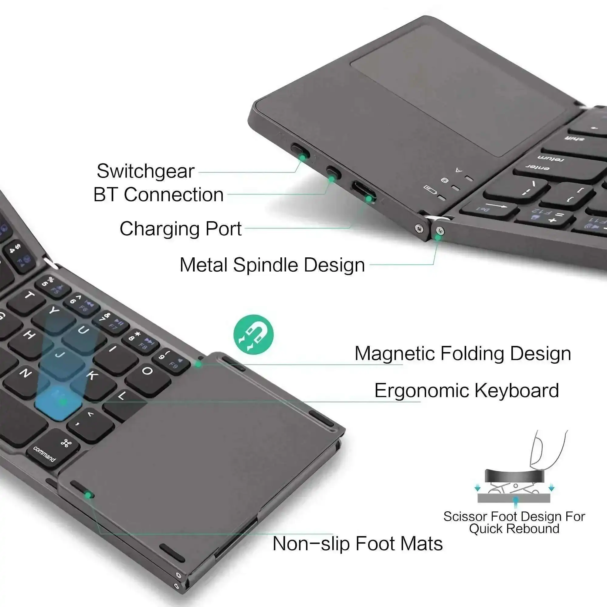 Drievoudig Bluetooth-minitoetsenbord met touchpad Oplaadbaar Lange batterijduur Ergonomisch computertoetsenbord voor tafellaptop PC