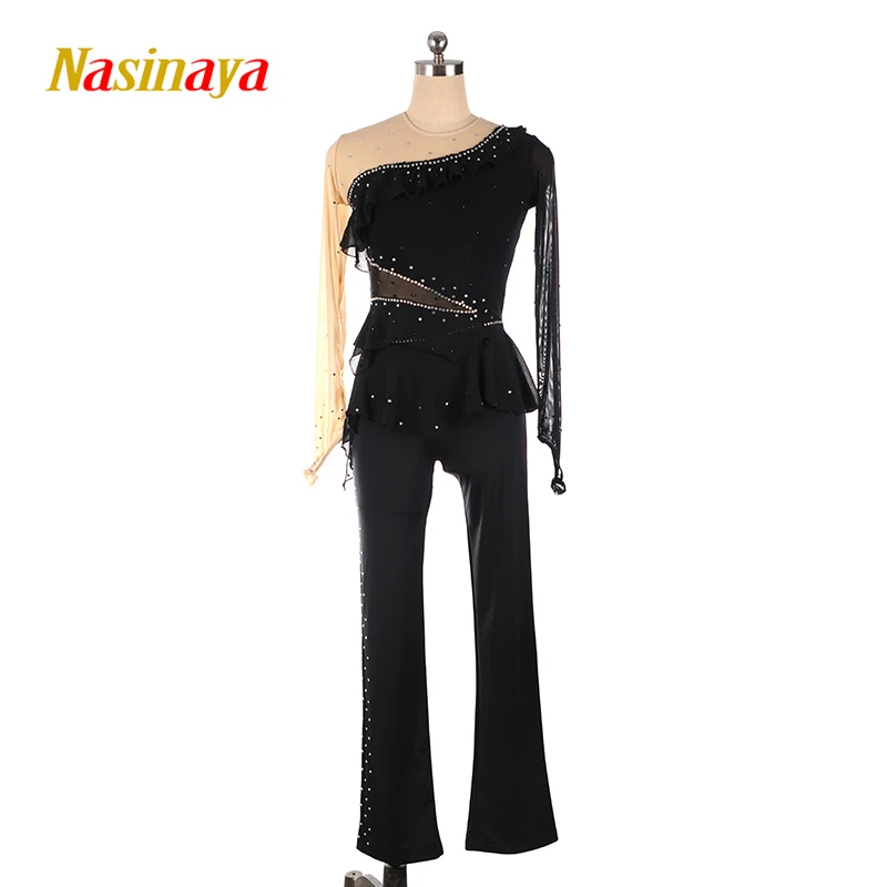 Nasinaya Custom Figure Skating Woman Black Tights Long Sleeve Jumpsuit Girl Skating Costume Gymnastics Lace