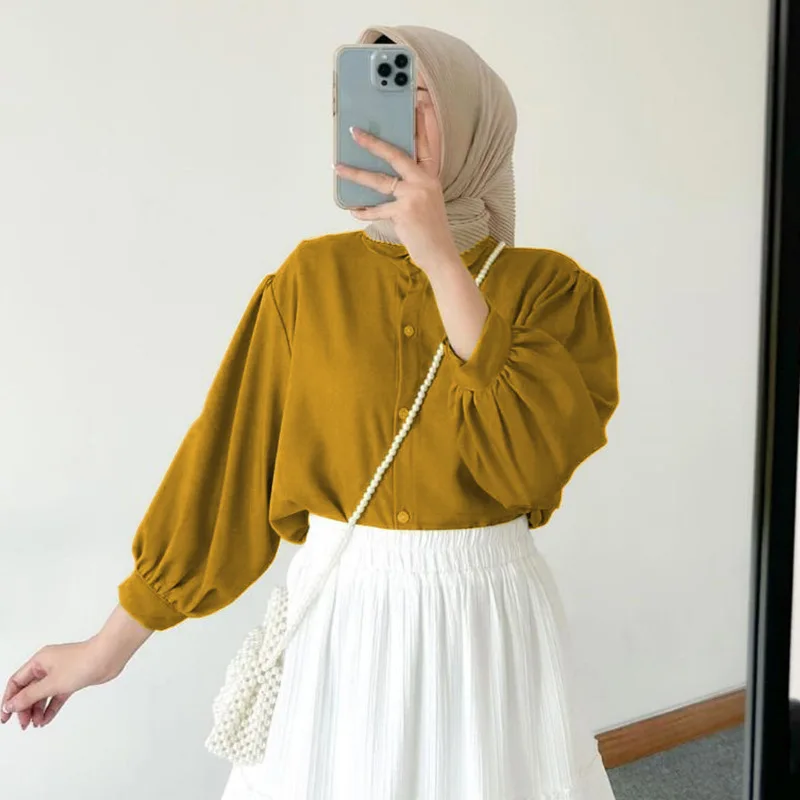 Women Eid Muslim Tops Turn Down Collar Blouses Single Breasted Cardigan Dubai Malaysian Solid Casual Sun Protection Button