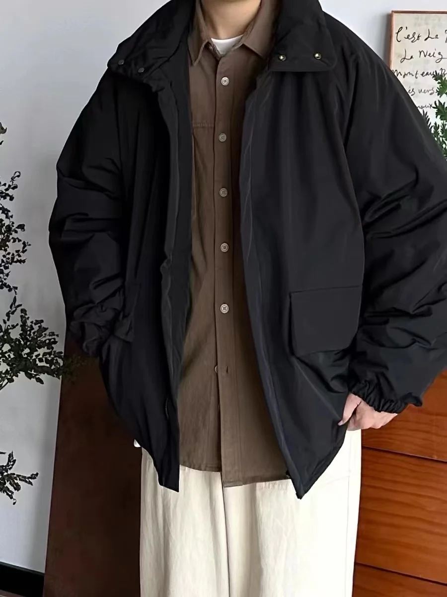 Retro Japanese Style Cotton Workwear Jacket for Men with Big Pockets Loose Fit Casual Stand Collar Warm Winter Coat
