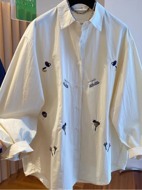 Autêntico primavera faion bordado puro algodão longo sve feminino irt solto emagrecimento topo casual sle ajuste regular