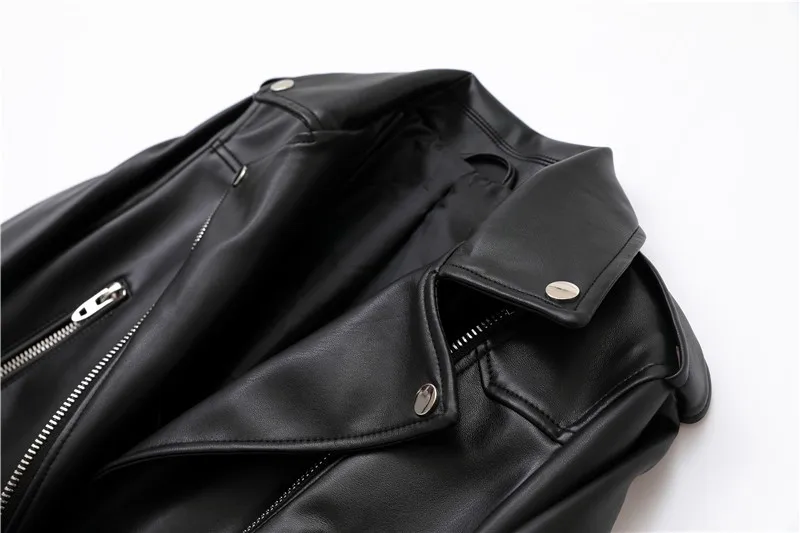 ZVRI Spring and Autumn 2023 New faux leather PU jacket with belt women\'s lapel motorcycle jacket black zip biker jacket