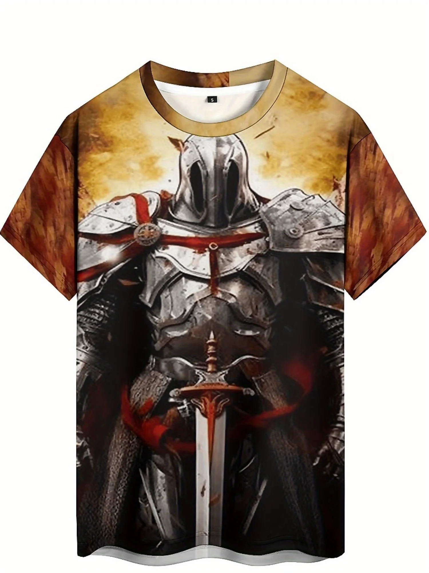 Kaos Grafis Perisai & Pedang Ksatria Bergaya Pria - Kaos Lengan Pendek Bernapas dan Nyaman untuk Olahraga Luar Ruangan & Pakaian Kasual