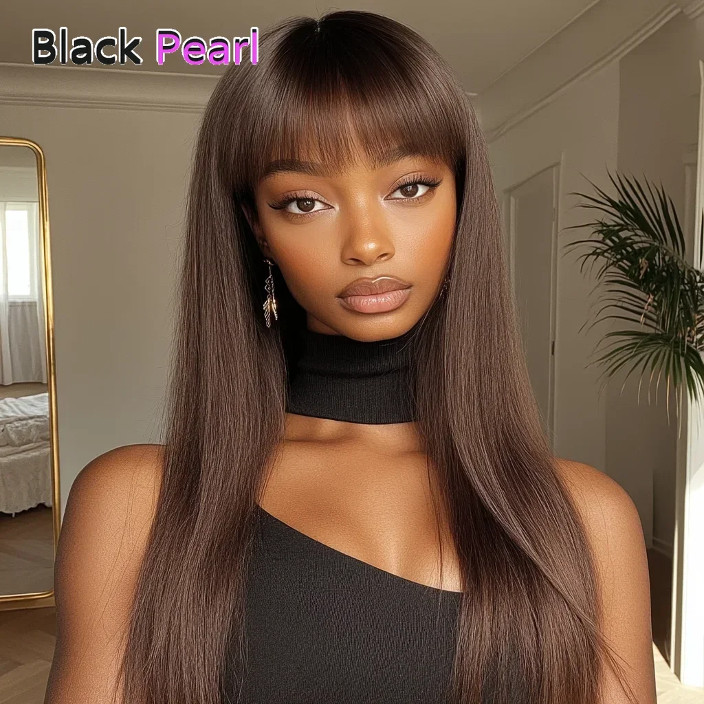

Sleek Chocolate Brown Long Straight 100% Human Hair Wig With Bangs For Women Brazilian Remy Hair Full Machine Made Daily Wigs