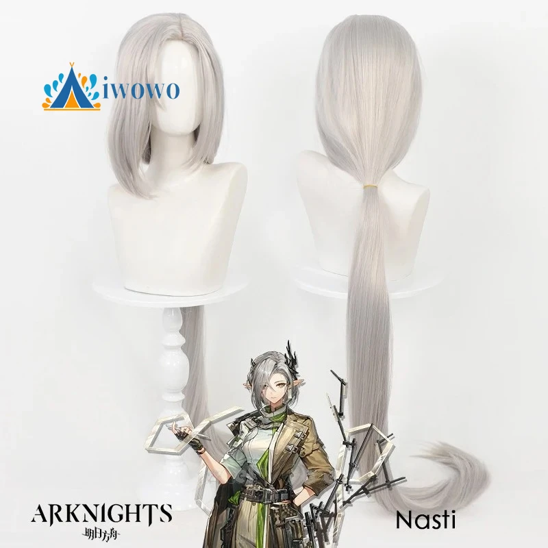 

Arknights Nasti Cosplay Wig Long Silver-gray Ponytail with Middle Part Bangs Heat Resistant Synthetic Wigs Women Halloween Party