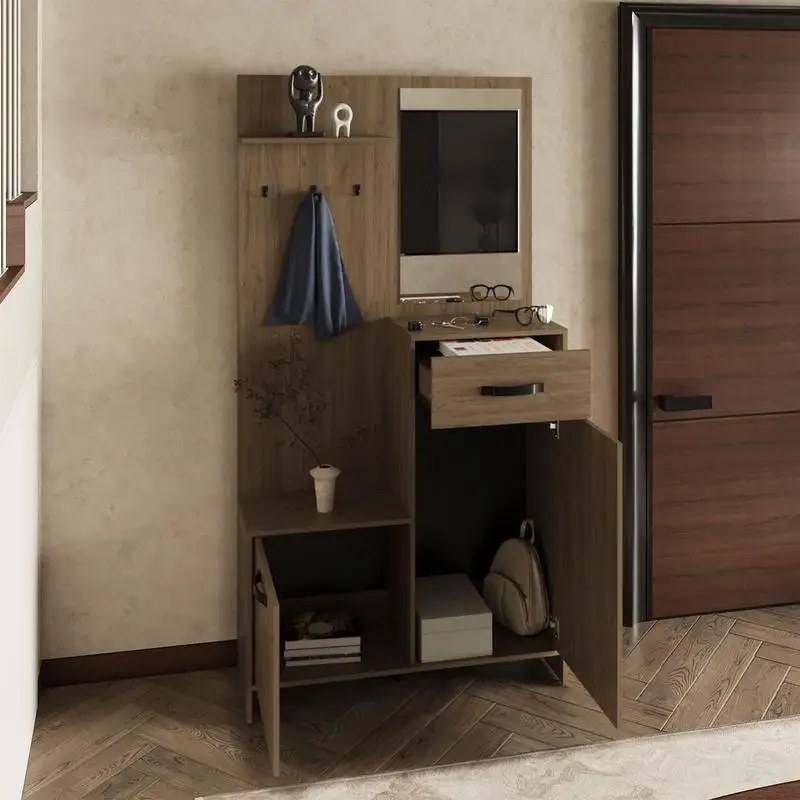 شجرة قاعة شجرة بمرآة طويلة 75 بوصة مع شماعات، 3 أرفف، 2 خزائن، درج واحد، طاولة وحدة تحكم للمدخل، غرفة المعيشة، خشب البلوط الخفيف