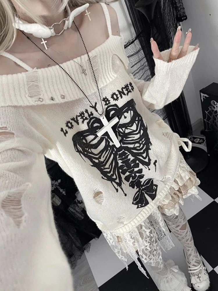 Y2k Knitted Pullovers Women Frayed Chic Vintage Gothic Sweater Off Shoulder Casual Streetwear Personality Fashion Baggy Jumper