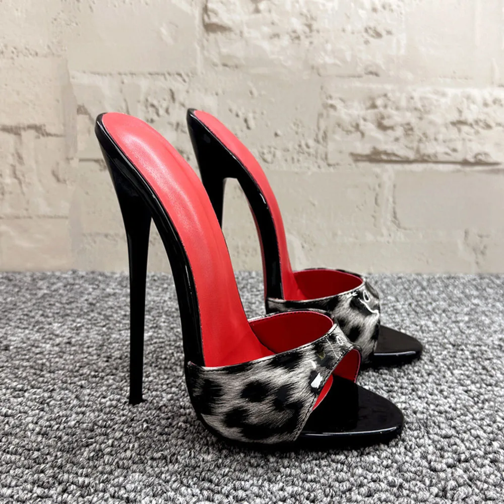 14/16cm Extra High Heels Women Leopard Print Mules Stiletto Heeled Sandals Open Toe Slippers for Pole Dancing,Party Runway Show