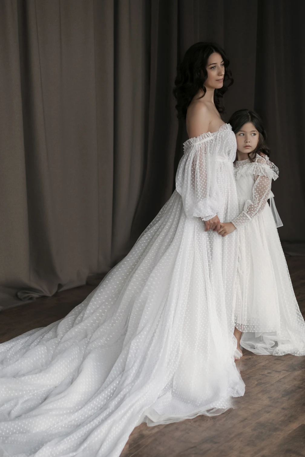 Abiti coordinati per mamma e me Tulle Wave Point A Line Abito da sposa Abito fotografico per madre e figlia per ragazze
