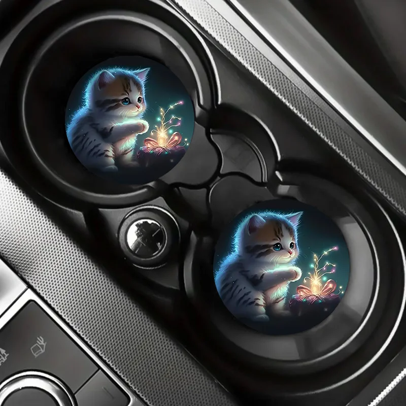 2PCS Car Personalized Creative Anti slip Water Cup Mat Car Cartoon Printed Cat Hand Cup Mat Circular Anti slip Mat Universal