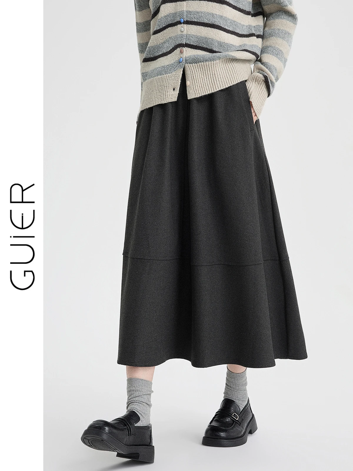 

Юбка А-силуэта с высокой талией, женская, зимняя, 2025, новый дизайн, с элементами комбинирования, универсальная, стройнящая, шерстяная, повседневная, элегантная