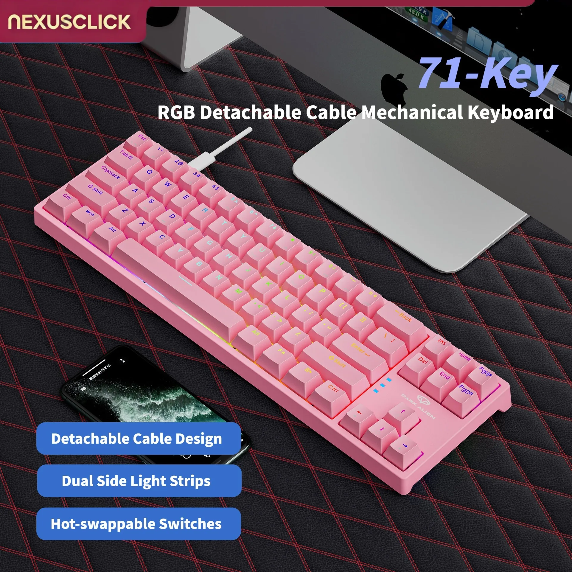 NexusClick K710 71Key Hotswap Mechanical Keyboard,RGB Side Light Strip Detachable Type-C Cable,Blue Switch Wired Gaming Keyboard