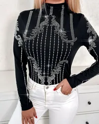 Spring Women Sexy Solid Long Sleeves Turtleneck Rhinestone Decor Black Causal Blouse Top