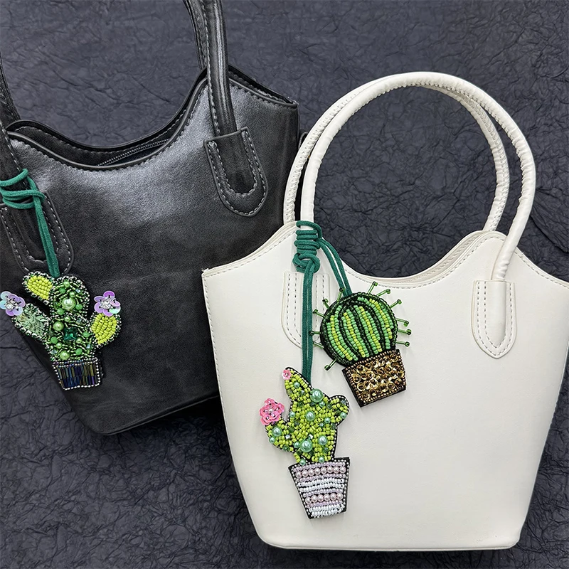 

3D Rhinestone Beaded Plant Kingdom Cactus Hanging Rope Patches Crystal Bag Lanyard Patch Beading Applique Patch Bag DIY Decor