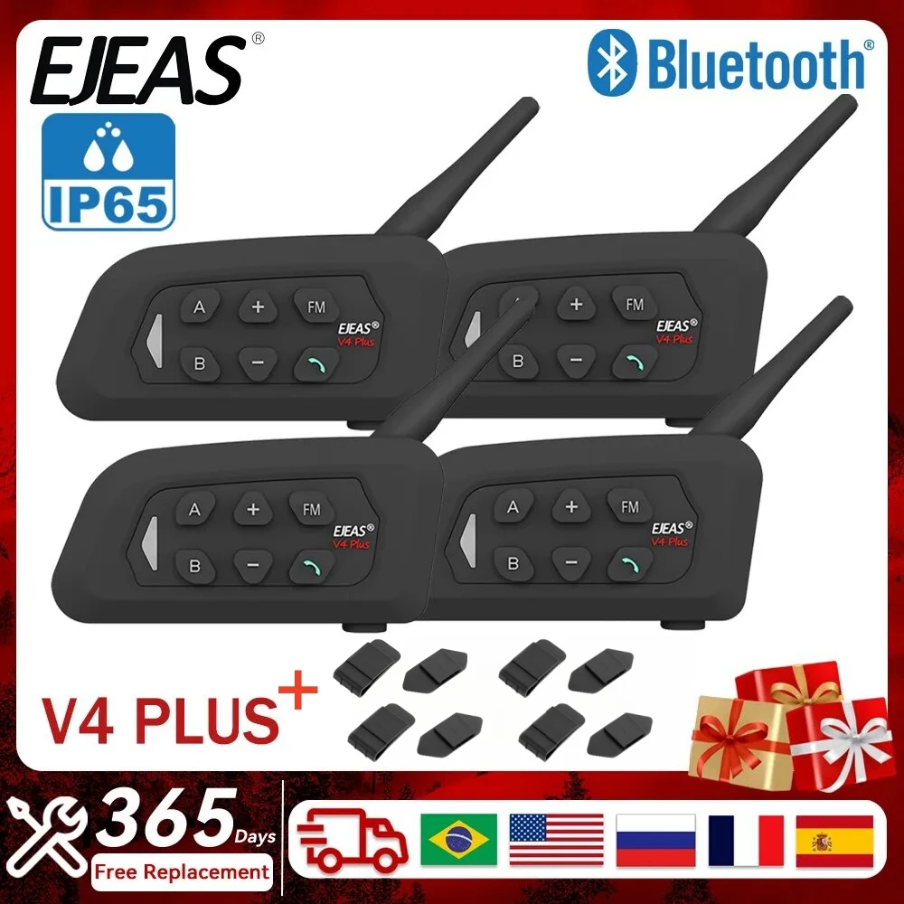 

4PCS EJEAS V4 PLUS Helmet Headset Intercom Bluetooth 1500M 4 Riders Full Duplex Intercomunicador Microphone Headphone Waterproof