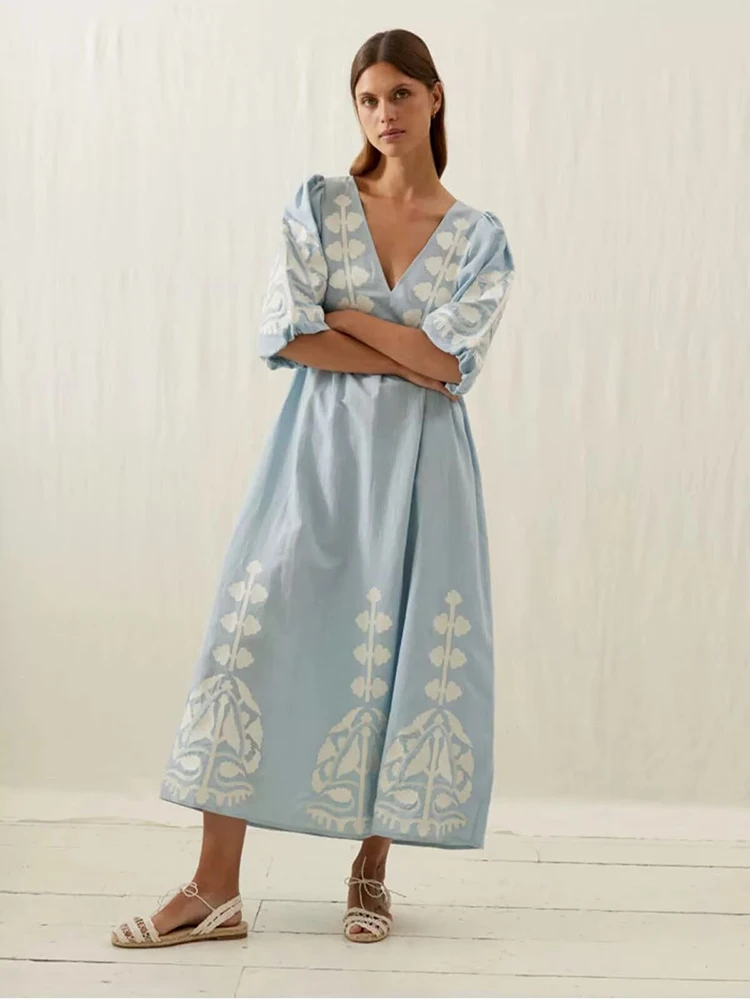 KHALEE YOSE-Robe Maxi à Imprimé Floral pour Femme, Style Boho, Bleu, Col en V, Dos aux, Vintage, Plage, Printemps Été