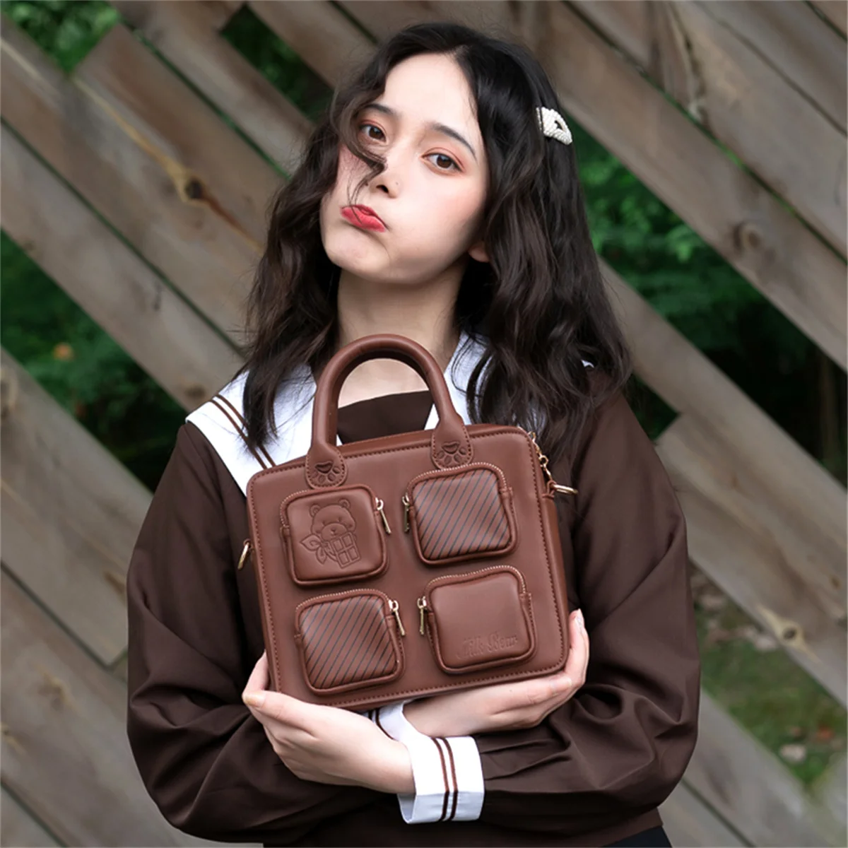 

Japanese College Style Jk Uniform Bag Girls Square Solid Chocolate Bear Embroidery Claw Zipper Handbag Shoulder Crossbody Bag