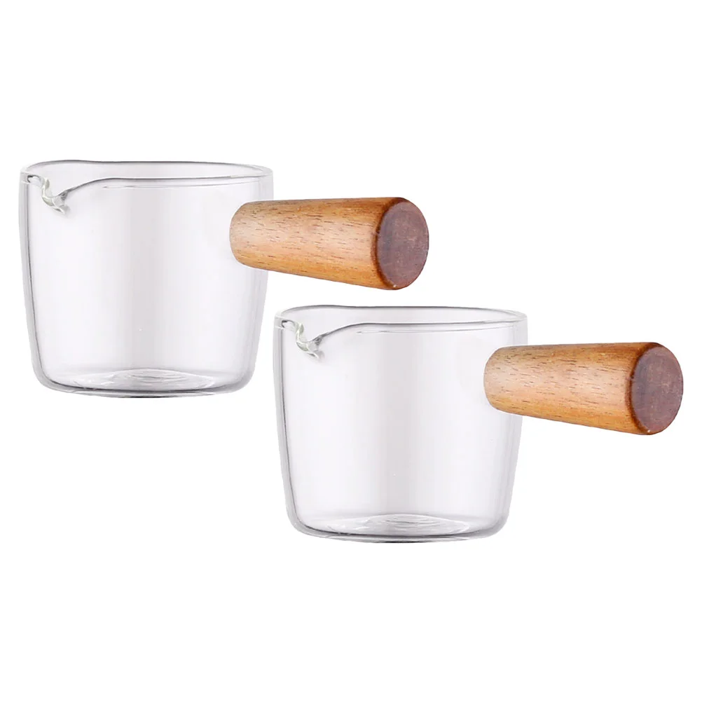 

2 Pcs Mini Milk Cup Measuring Espresso Shot Glasses Syrup Pitcher Coffee Shop Clear Cups with Handle Wood Frothing Container