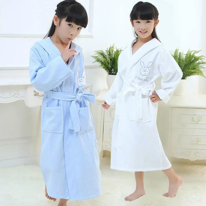 Children Pure Cotton Hooded Bathrobe Adjusted Belt A Class Fabric Kids Solid Warm Comfortable  Homewear Clothing 4-14Y
