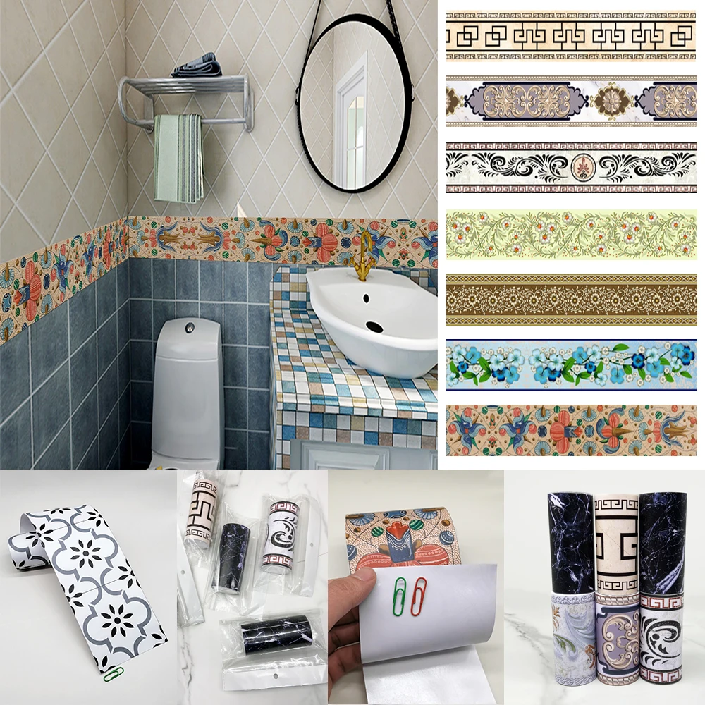 23 Styles Self-adhesive Waist Line Decorative Strip Bathroom Skirting Line Floor Tiles Waterproof  Peel & Stick Wall Sticker