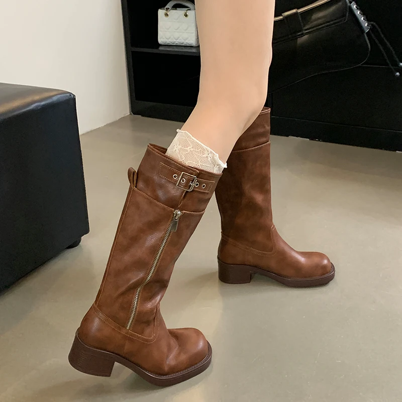 

Winter Shoes For Women Thigh High Boots Fashion Side Zippers Long Knight Booties Ladies Thick Heel Woman Boots Genuine Leather