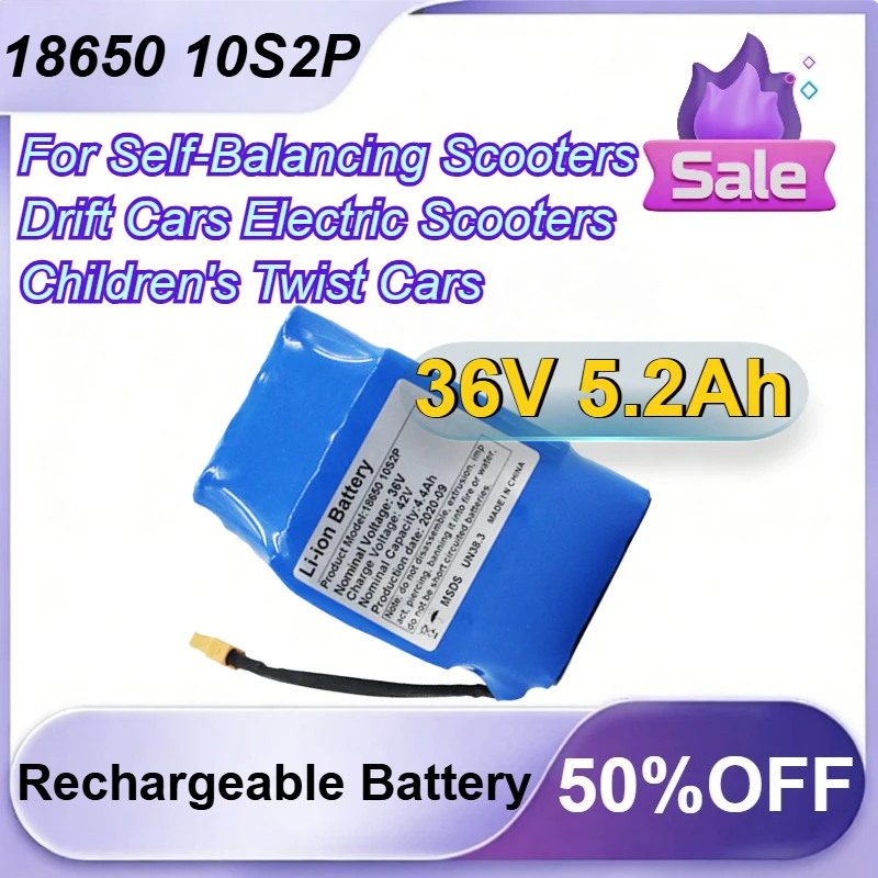 18650 10S2P 36V 5.2Ah Rechargeable Battery Pack for Self-Balancing Scooters Drift Cars Electric Scooters Children's Twist Cars