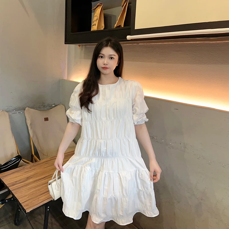 Women's Short Sleeve Round Neck French Casual Solid Loose Summer Mini Dress