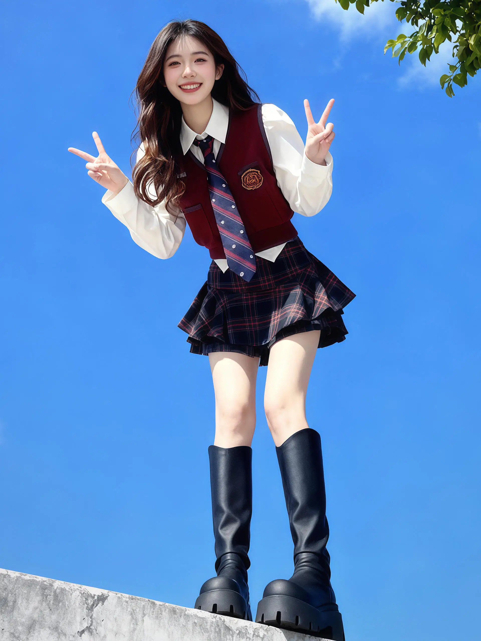 

K-Drama Inspired Knitted Red Sweater Cardigan Plaid Skirt New Year Outfit Set College Sle JK orm