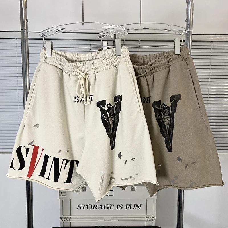 

High Quali SAINT Collaborative fiti Splatter Dstring Cuffed orts Street Sle Five Inches Pants Youth Casual Wear