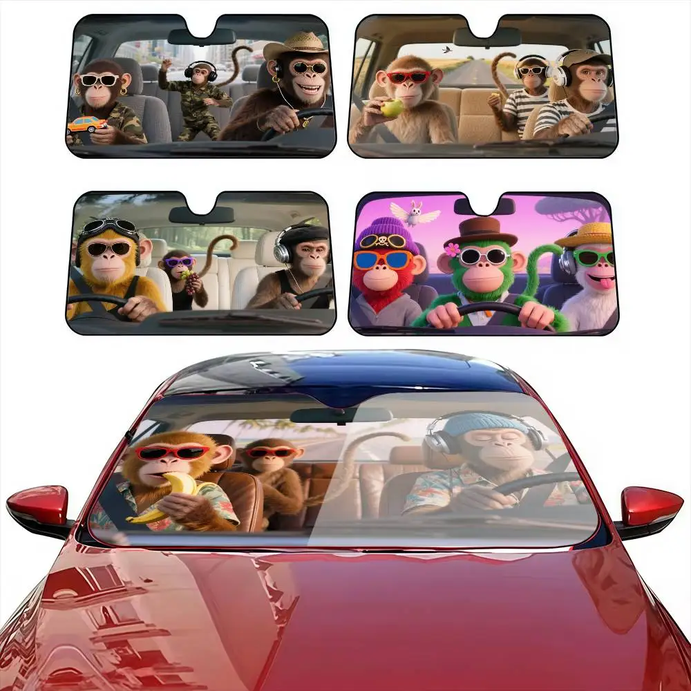 Funny Monkey Car SunShade Heat-insulating Aluminum FilmReusable Suction Cup Blocks UV Rays Car Sun Visor Protector