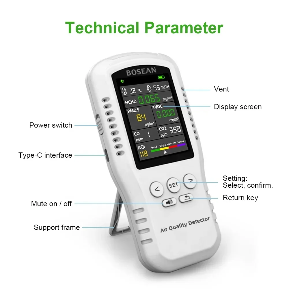 T-Z01 Pro 8 in 1 Air Quality Detector TVOC HCHO PM2.5 CO CO2 AQI Handheld Gas Analyzer Desktop Air Quality Monitor