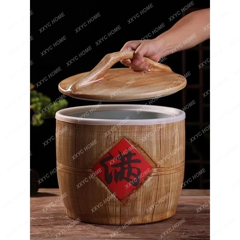A Ceramic rice tank with lid old-fashioned flour bucket household kitchen sealed jar