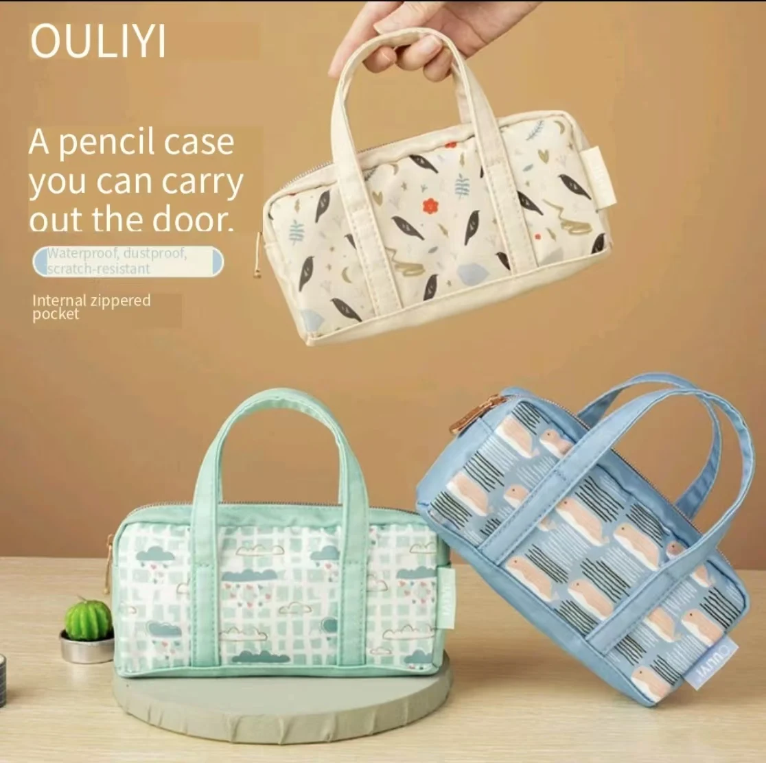 OLIYI Large Capacity Multi‑layer Handheld Pencil Case, Waterproof Printed Multifunctional Stationery Bag, Portable Clear Style