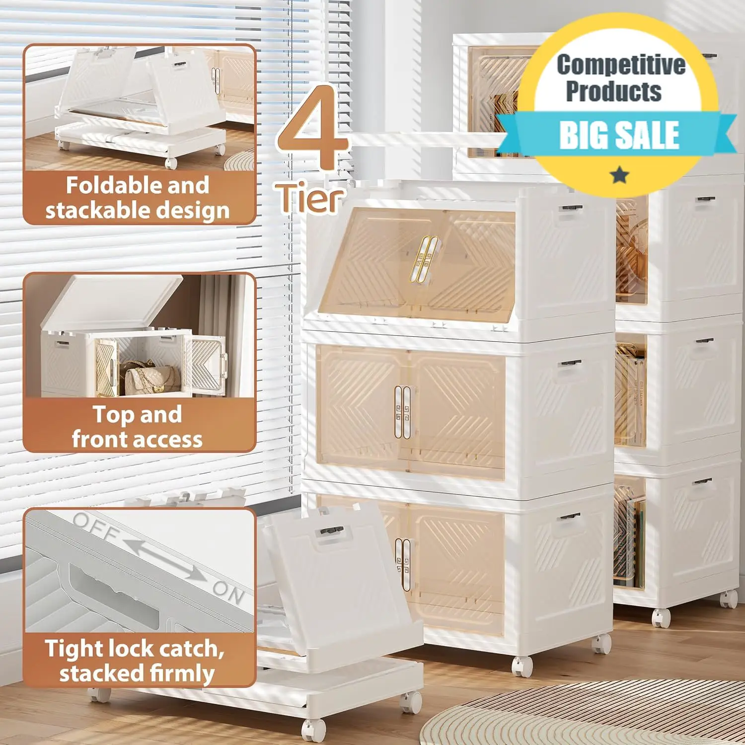 

Durable Storage Bins With Lid 120QT, Stackable Storage Containers With Wheels And Magnetic Doors, Plastic Clothes Closet Large C