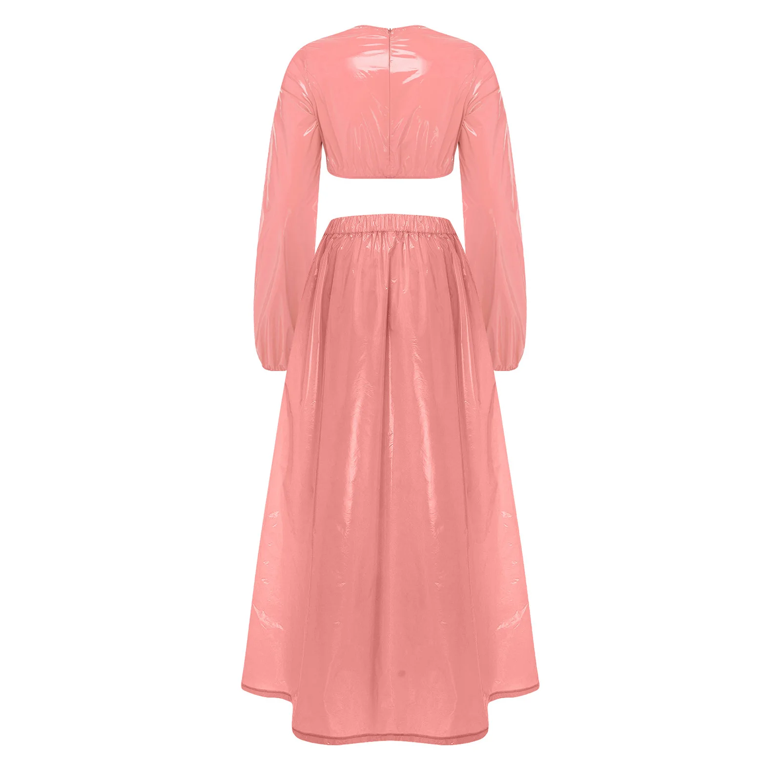 Women Waterproof 2-piece Outfit Long Sleeve Back Zipper Crop Sweat Top and Swing Hem Maxi Skirt for Rave Party Beach