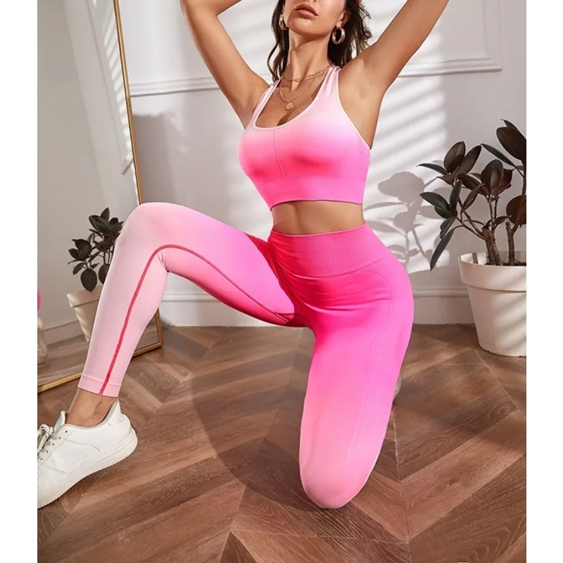 Krisnanas Gradient Women's Pants Sets U Neck Tanks Top Hip Lifting Skinny Leggings Smooths Sporty New in Matching Sets 116863