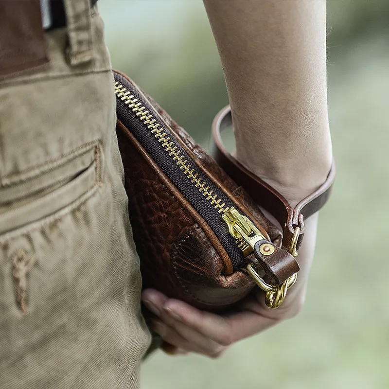 Bolso de mano de cuero genuino para hombre, Cartera de mano de cuero de vaca real natural de alta calidad, Estilo vintage, informal, hecho a mano