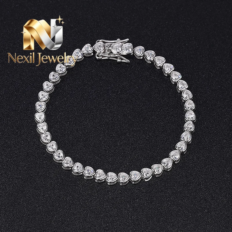 

Nexil Jewelry Luxury Solid Platinum PT950 Women's 3mm Heart Bracelet Moissanite Diamond Tennis Chain