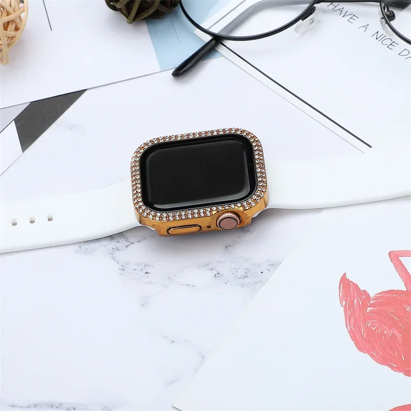 Diamond Cover per Apple Watch Case 45mm 41mm 44mm 40mm 42mm 38mm protezione dello schermo del paraurti in vetro temperato IWatch Series 7 8 9 SE 3